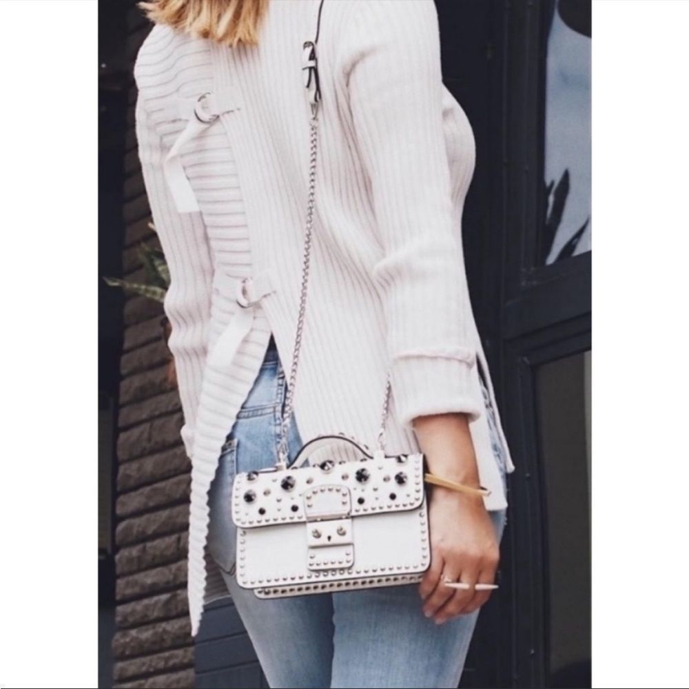 Cabi Ivory Ribbed D-Ring Split Back Sweater 3363 - image 1